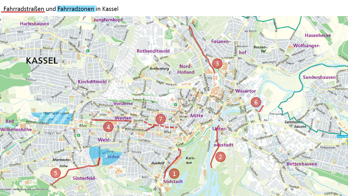 Karte mit Fahrradzonen und Fahrradstraßen in Kassel